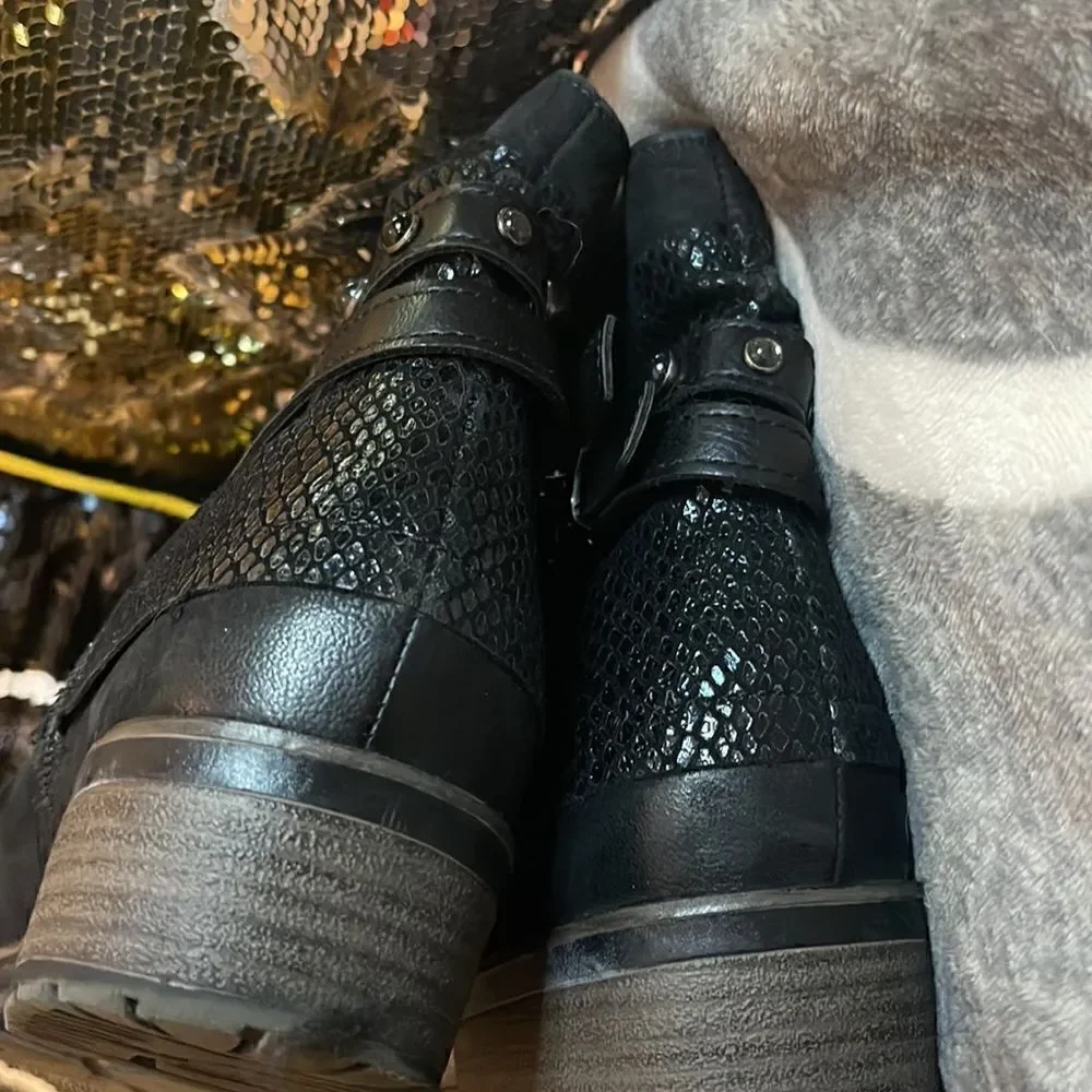 Sz 40/10 tamaris blAck parai leather moto booties:boot